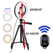 Load image into Gallery viewer, 26cm Led Selfie Ring Light Bluetooth Remote Lamp Photography Tripod Holder